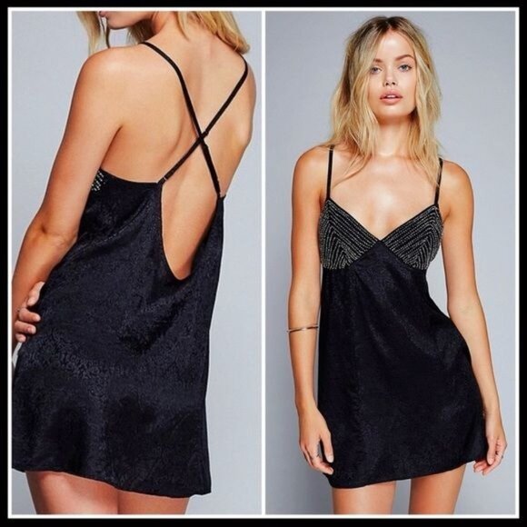NWT Free People Jewel Embellished Black Mini Slip Dress - Picture 4 of 9